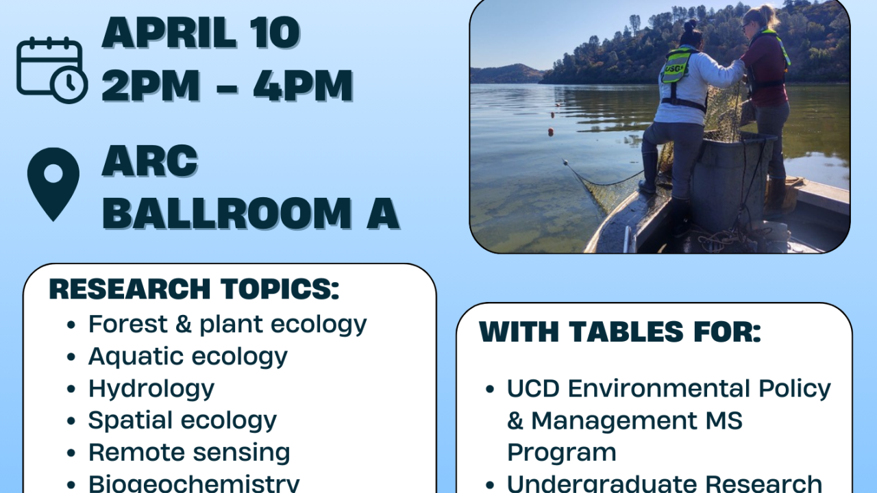 Environmental Sciences Research and Internship Fair. Come hear about opportunities to engage in undergraduate research and internships on an array of topics related to the environmental sciences. Please bring a resume with relevant experience. April 10 2-4pm. ARC Ballroom A