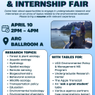 Environmental Sciences Research and Internship Fair. Come hear about opportunities to engage in undergraduate research and internships on an array of topics related to the environmental sciences. Please bring a resume with relevant experience. April 10 2-4pm. ARC Ballroom A